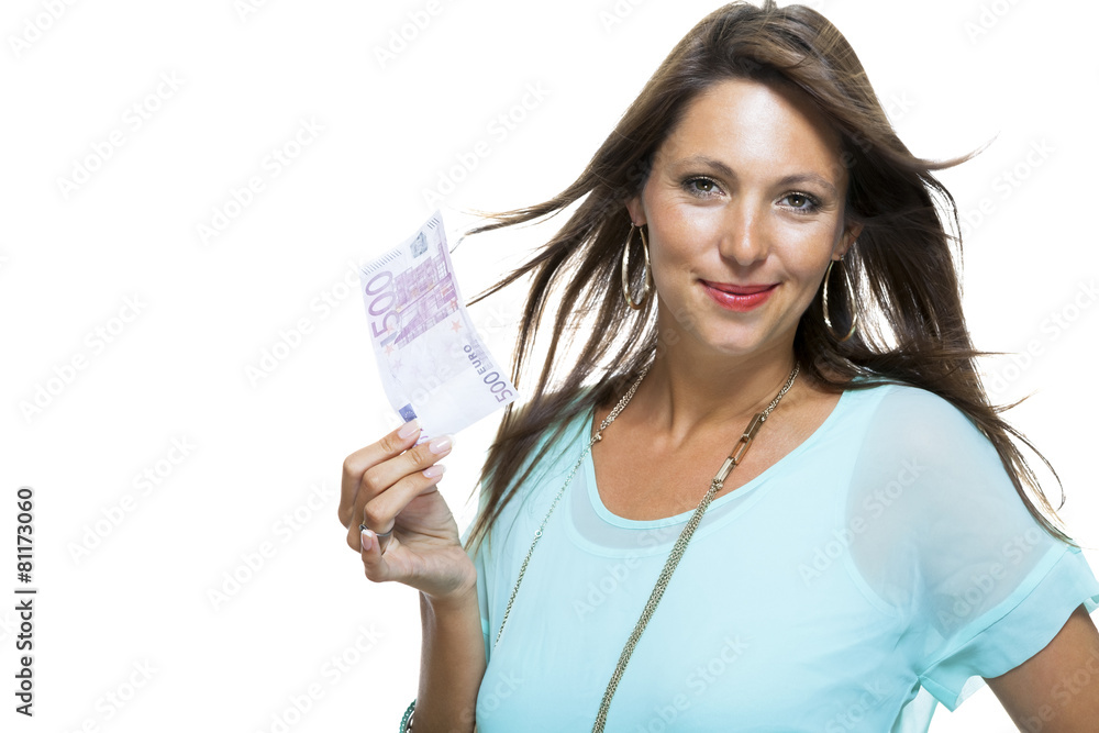 Smiling Attractive Woman Holding 500 Euro Bill Smiling Attractive Woman Holding 500 Euro Bill