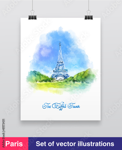 Watercolor vector illustration of The Eiffel Tower in Paris