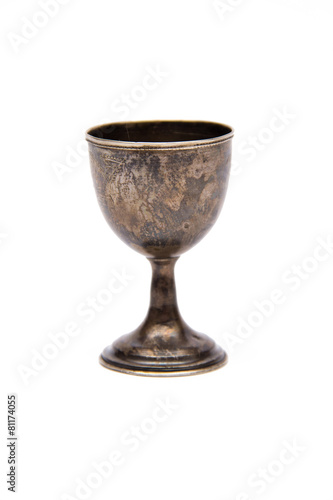 Antique silver glass of wine with engraving isolated