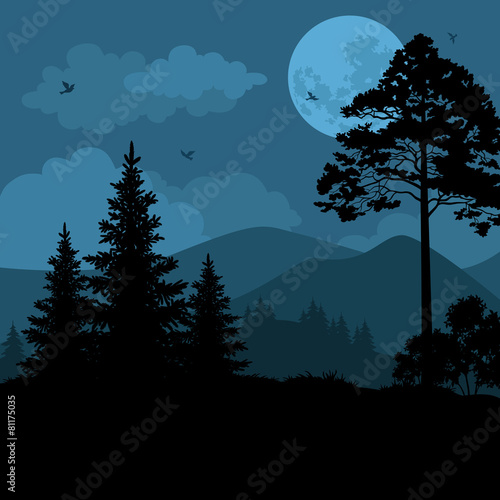 Landscape, Trees, Moon and Mountains