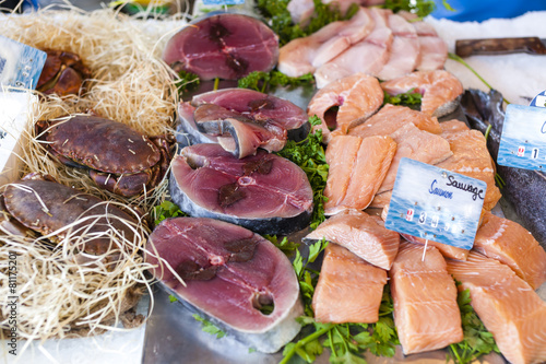 raw fish, market in Nyons, Rhone-Alpes, France
