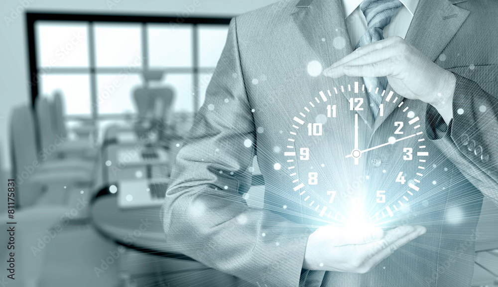 Image of businessman holding clock against illustration Image of businessman holding clock against illustration