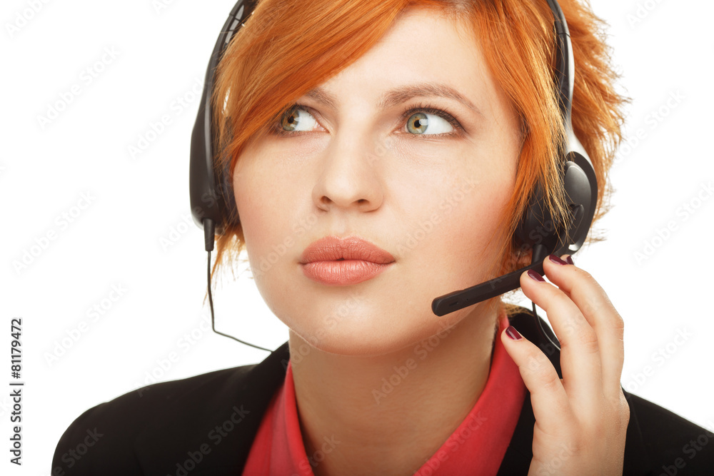 Closeup portrait of female customer service representative or ca Closeup portrait of female customer service representative or ca