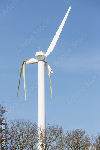 Wind turbine with broken wings after a storm in the Netherlands