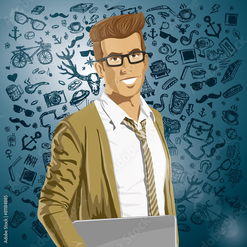Vector Hipstar Man With Laptop in His Hands
