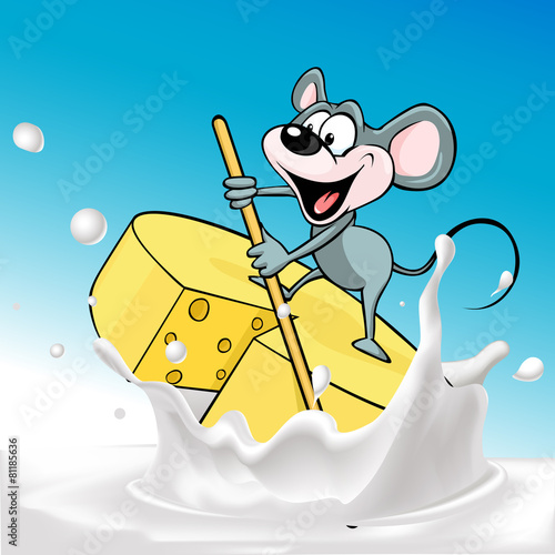 Mouse sails on raft cheese - vector illustration
