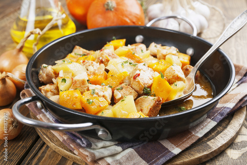 Chicken stew with pumpkin, potatoes and spices