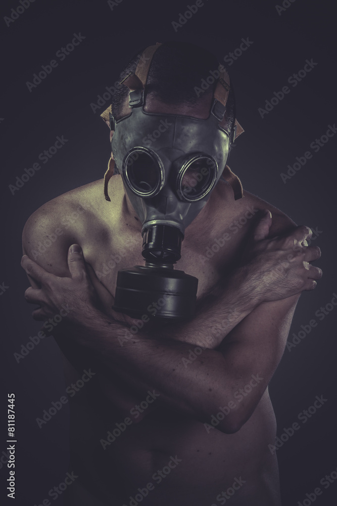 Healthcare, concept of risk of contamination, naked man with gas Healthcare, concept of risk of contamination, naked man with gas
