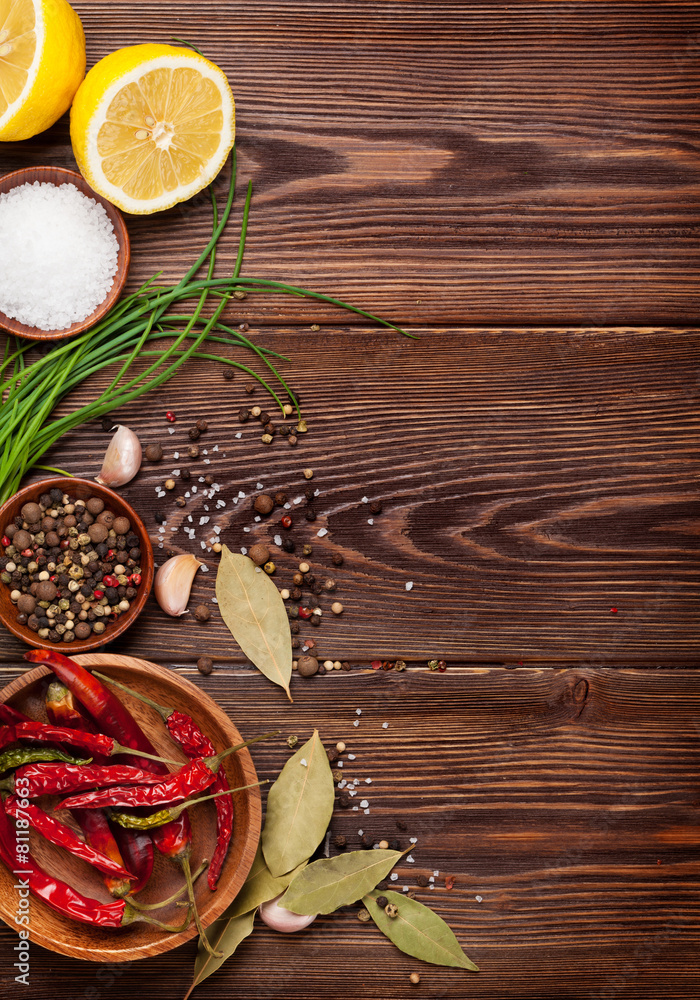Various spices on wooden background Various spices on wooden background