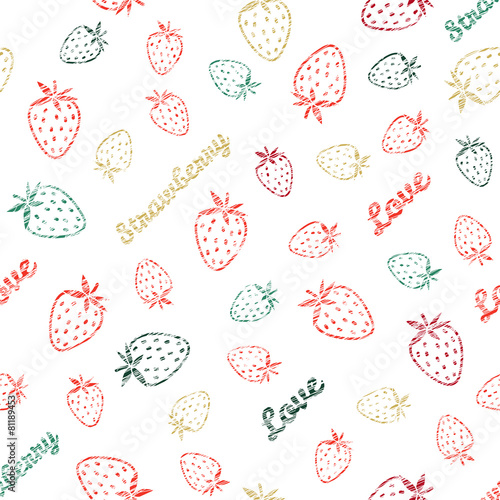 Seamless pattern with scratched Strawberries, summer harvest bac