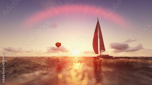 Wallpaper Mural Sunrise summer scene, air balloon and yacht sailing Torontodigital.ca