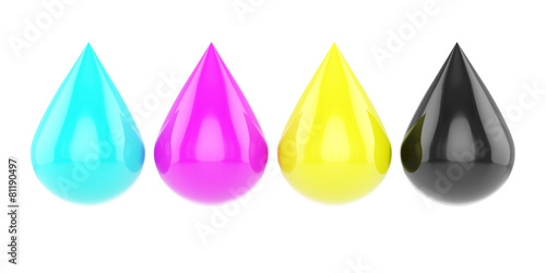 Four glossy cmyk drops isolated on white background