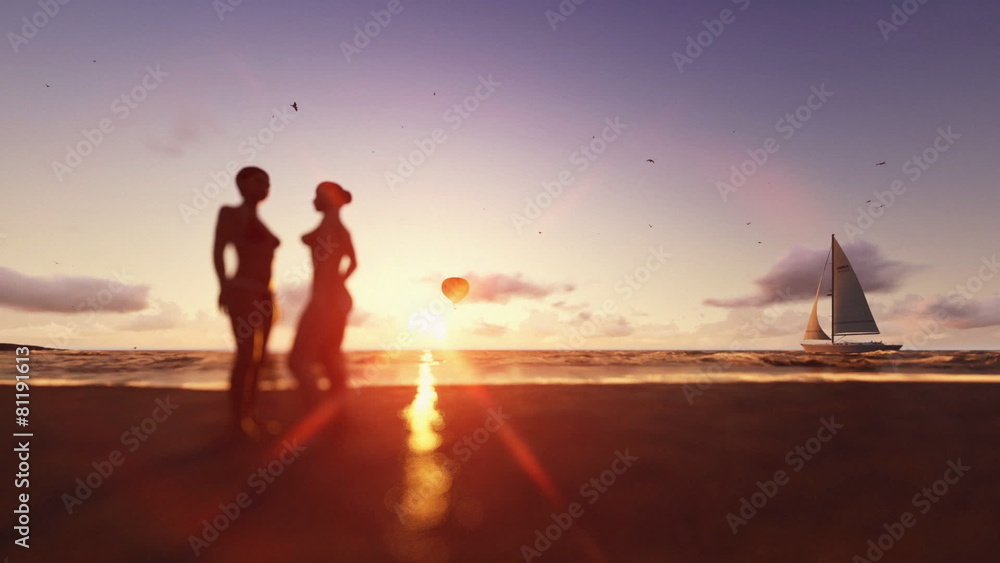 Girls on the beach, air balloon and yacht sailing Girls on the beach, air balloon and yacht sailing