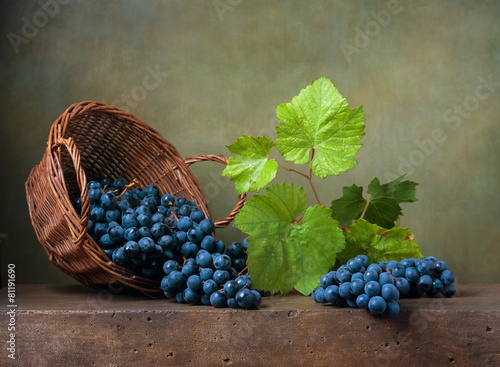 Still life with grapes on a basket