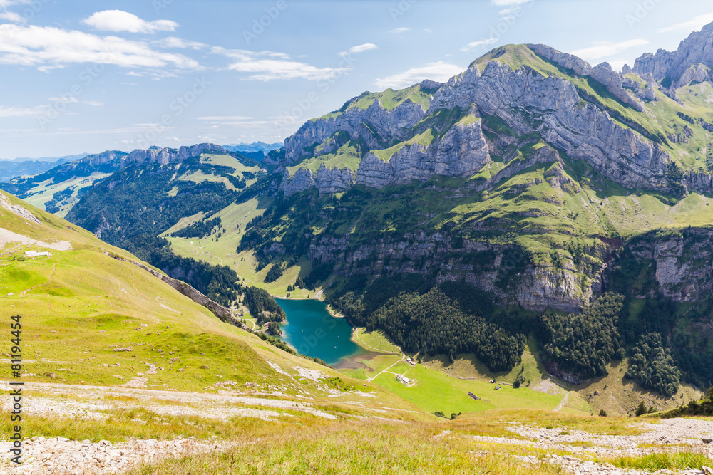 Panorama view of Seealpsee (lake) and Alpstein massif