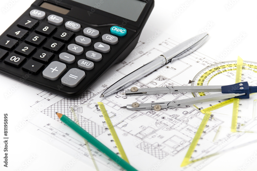 Architectural project, pair of compasses, rulers and calculator Architectural project, pair of compasses, rulers and calculator