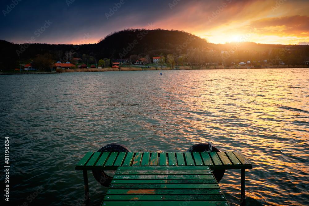 Fototapeta Pier on sunset lake