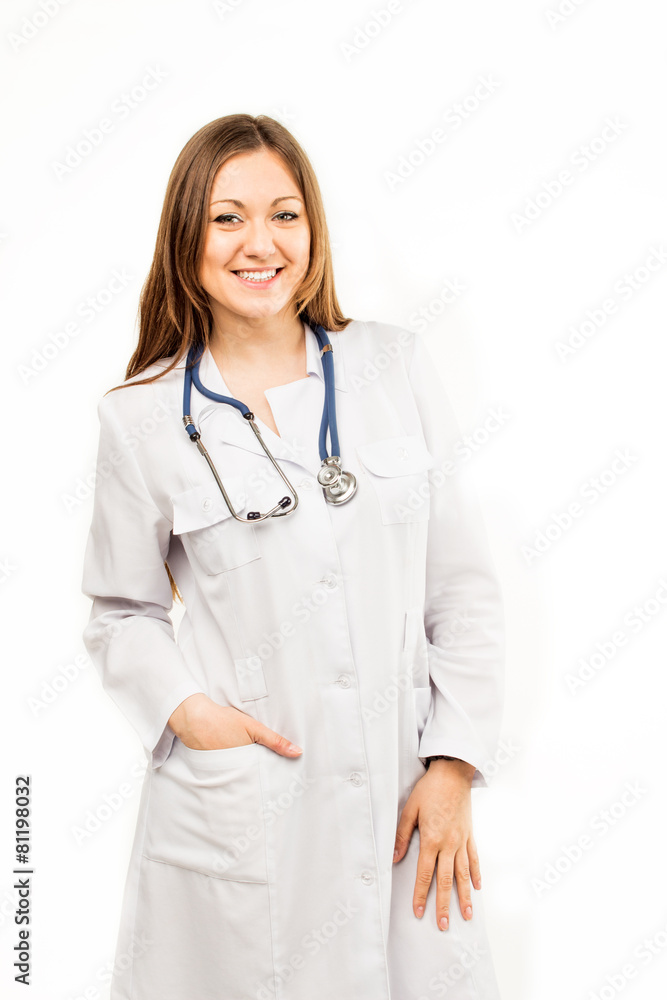Beautiful young female doctor isolated on white with blue phonen Beautiful young female doctor isolated on white with blue phonen