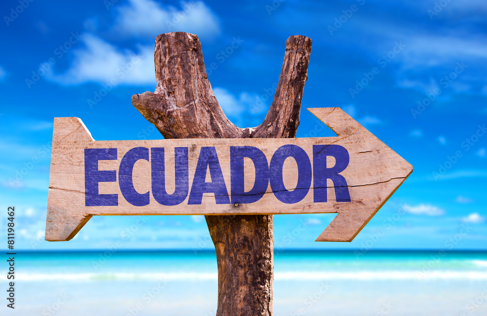 Ecuador wooden sign with beach background