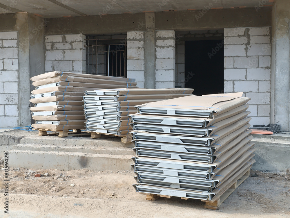 Window packages at a construction site Window packages at a construction site
