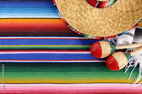 Mexican background serape striped blanket with sombrero maracas Mexico cinco de mayo festival vacation photo