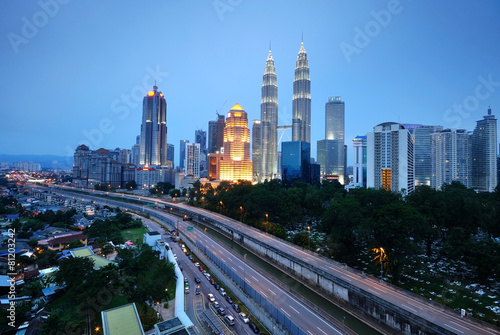 Kuala Lumpur skyscraper night scenery during blue hour.