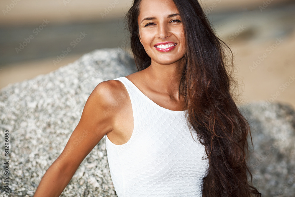 beautiful brunette portrait on beach beautiful brunette portrait on beach