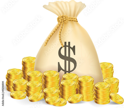 Illustration of gold coin with bag of money