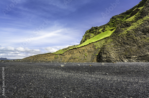 The black sand beach with typical Icelandic mountain landscapes