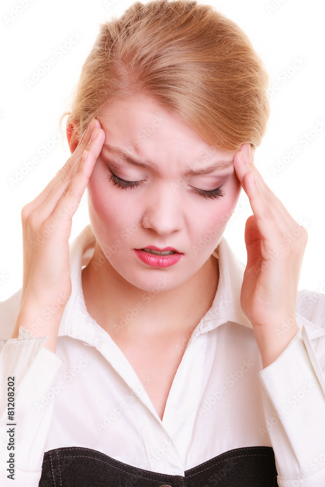 Headache. Woman suffering from head pain isolated. Headache. Woman suffering from head pain isolated.