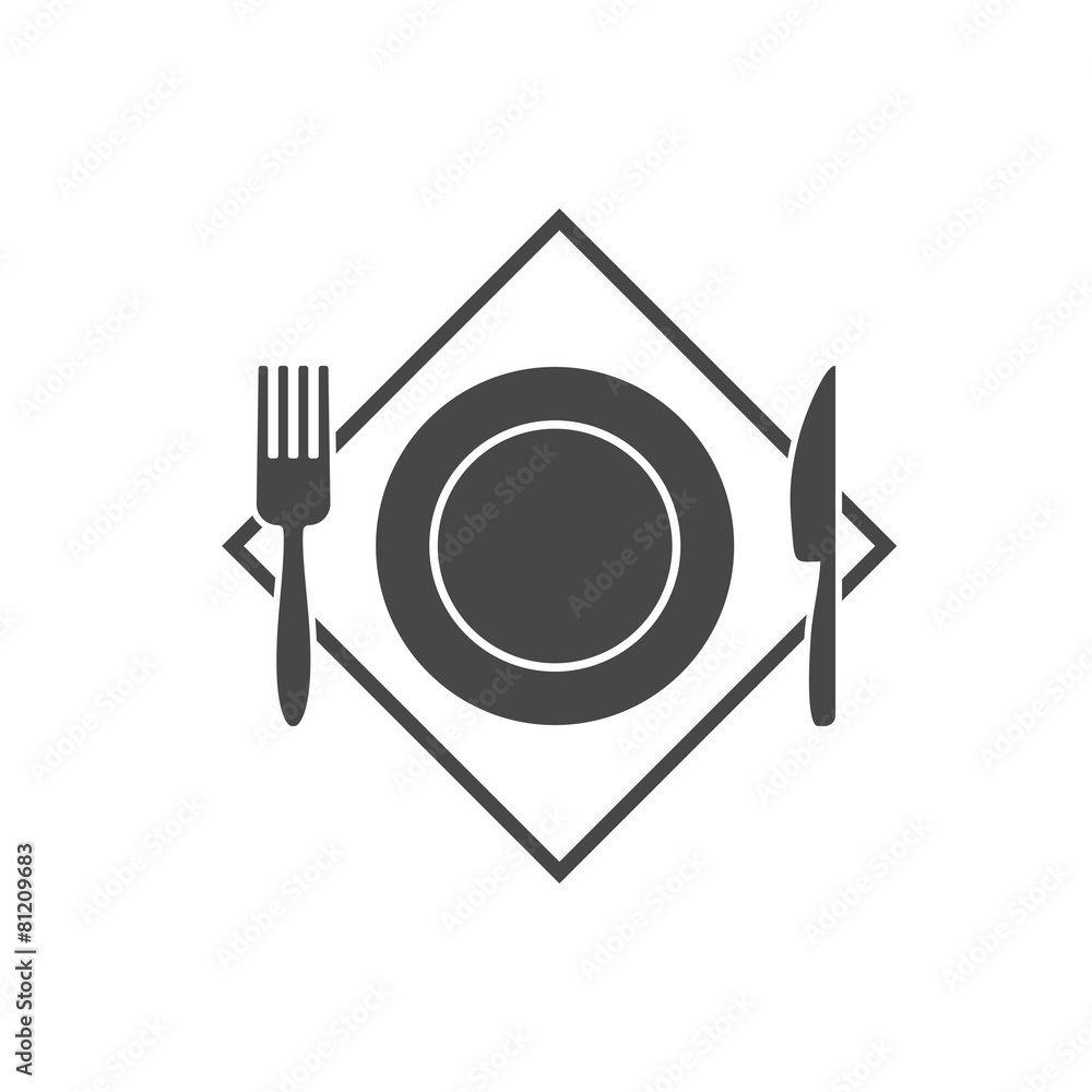 Black restaurant menu icon. Plate, fork, knife Black restaurant menu icon. Plate, fork, knife