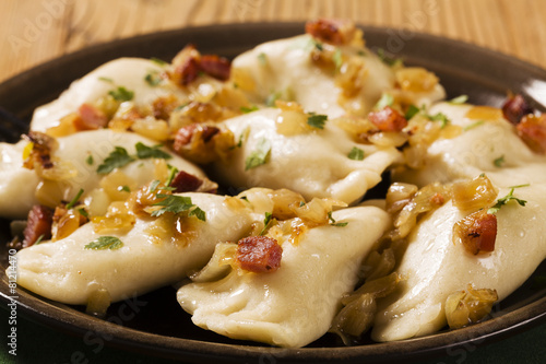 Delicious homemade dumplings with onion and bacon