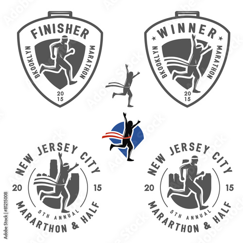 Set of vintage marathon labels, medals and design elements