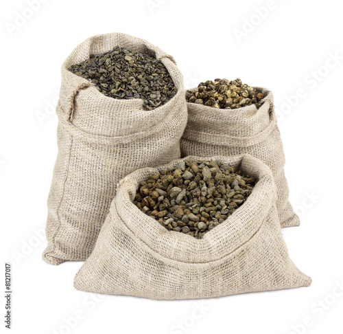 Konstfotografi Dry green tea in bags. Dragon pearls, Jen Shen Wu Long, leaves