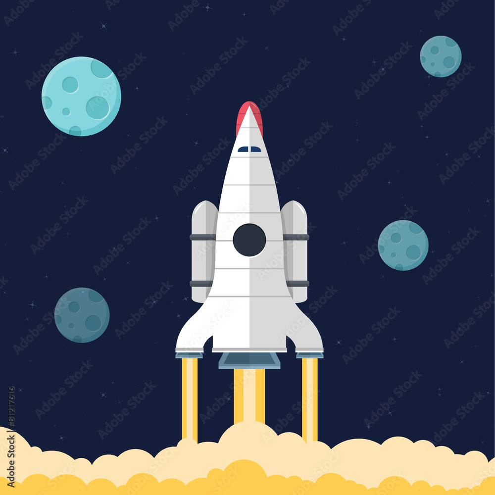 Flat illustration concept for web development. Rocket in space