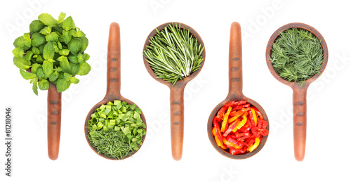 Fresh flavoring herbs and spices in ceramic scoop