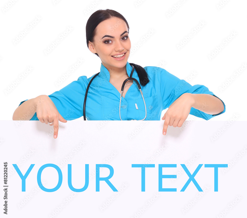 Medical doctor woman show empty blank Medical doctor woman show empty blank