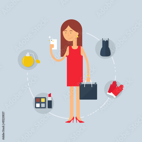 Shopping, female character, flat style