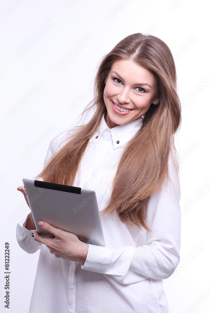 Young smiling woman with tablet computer PC Young smiling woman with tablet computer PC