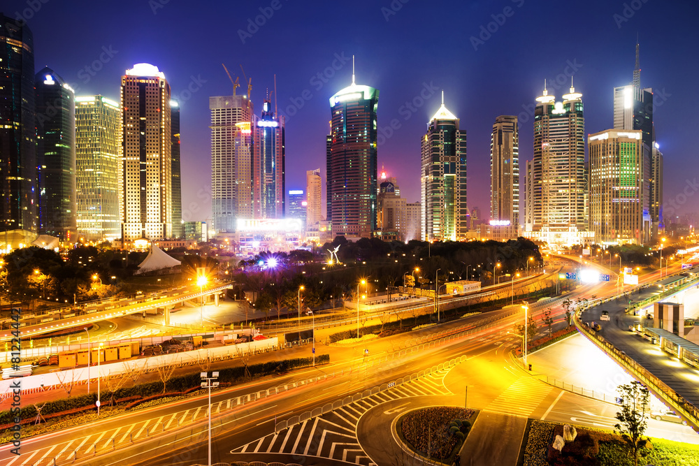 skyline and illuminated cityscape of shanghai at night