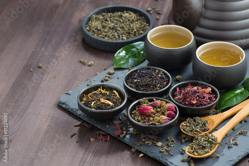 assortment of fragrant dried teas and green tea
