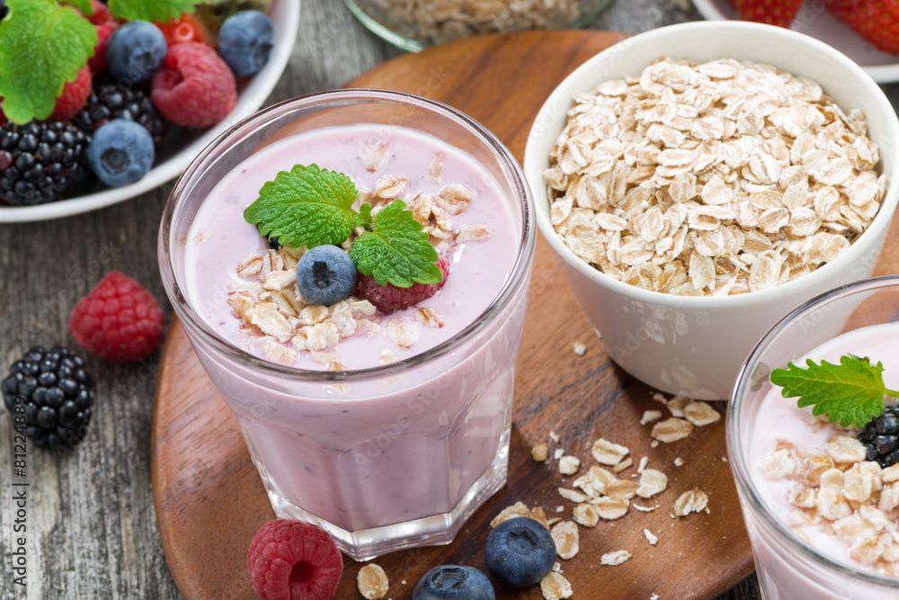 delicious berry smoothies with oatmeal in a glass delicious berry smoothies with oatmeal in a glass