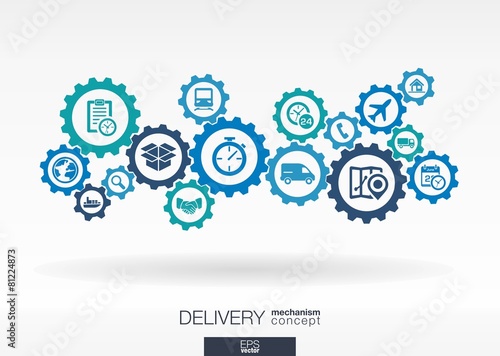 Delivery mechanism background with connected gears and icons
