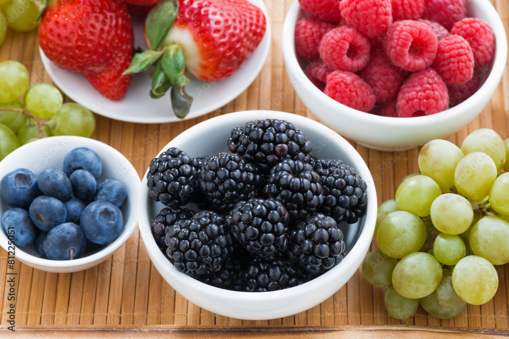 fresh berries in a bowl and green grapes on wooden tray, closeup fresh berries in a bowl and green grapes on wooden tray, closeup
