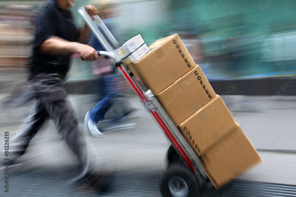 delivery with dolly by hand - obrazy, fototapety, plakaty 