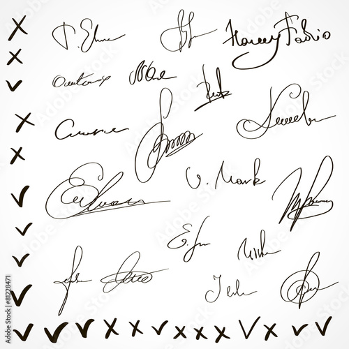 Set of various fictional signatures and ticks