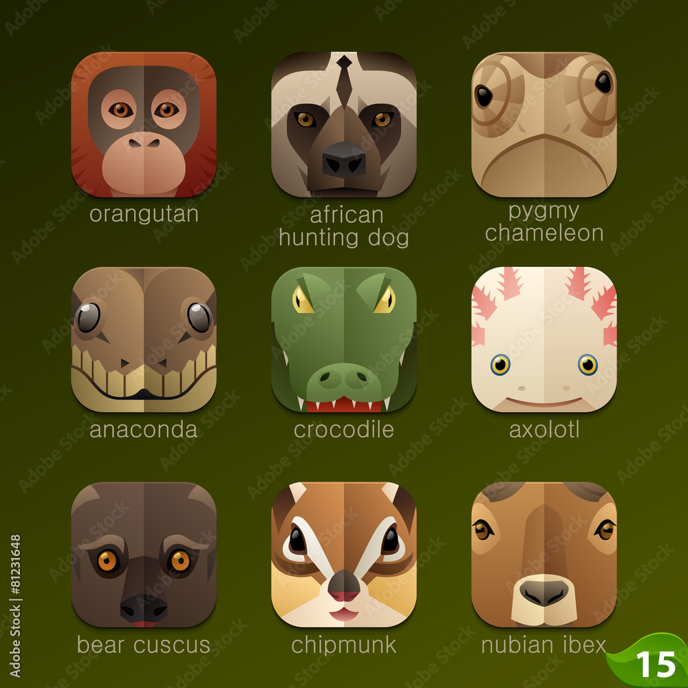 Obraz premium Animal faces for app icons-set 15