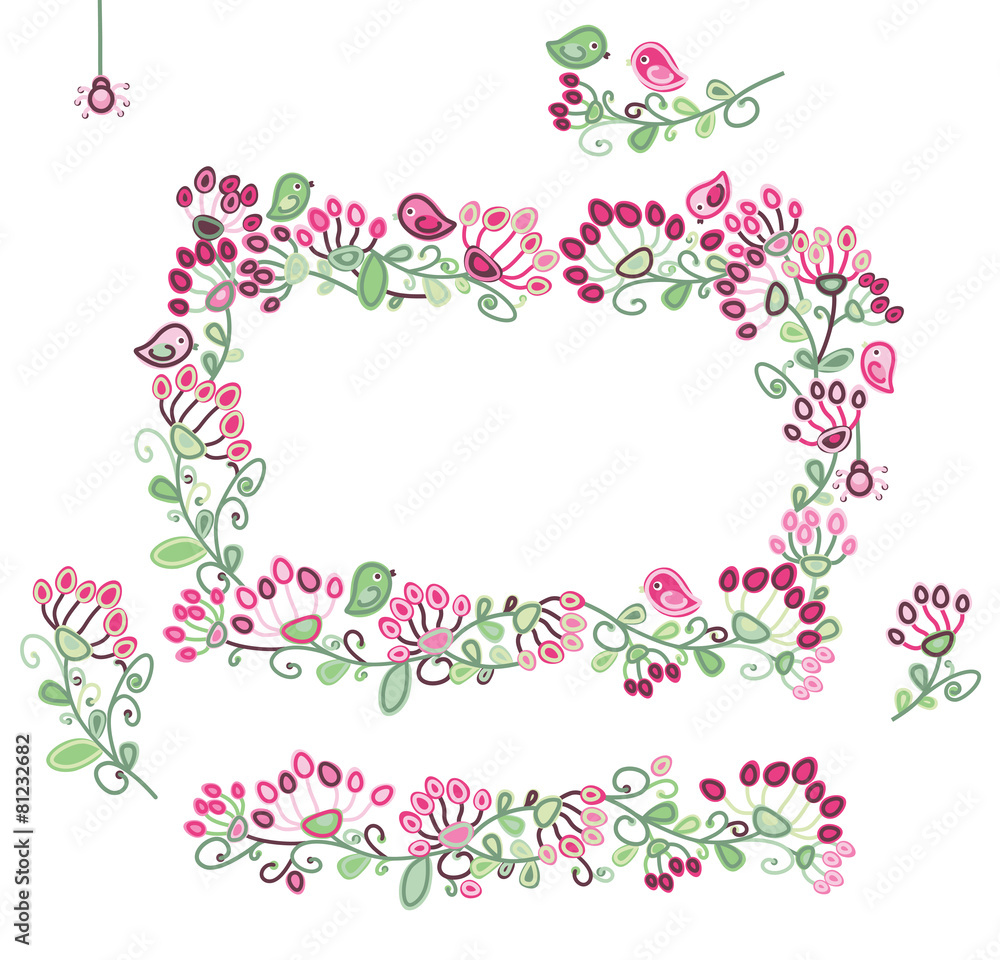 Vector set floral frame and  design elements  pink and green col