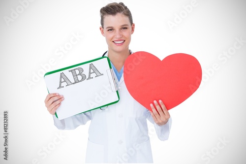 Aba against happy doctor holding clipboard and heart card