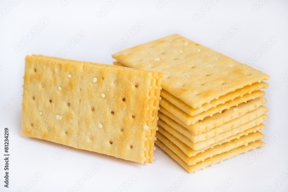 Stack of butter crackers on white background
